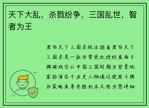 天下大乱，杀戮纷争，三国乱世，智者为王